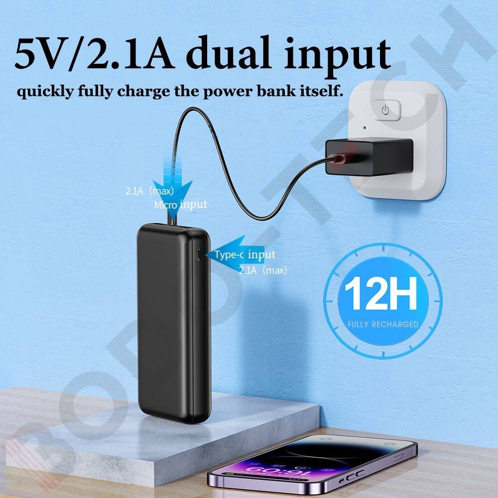 5V/2.1A dual input quickly fully charge the power bank itself.

2.1A (max) Micro input
- input 2.1A (max)

12H FULLY RECHARGED

1236 16:09 eCC