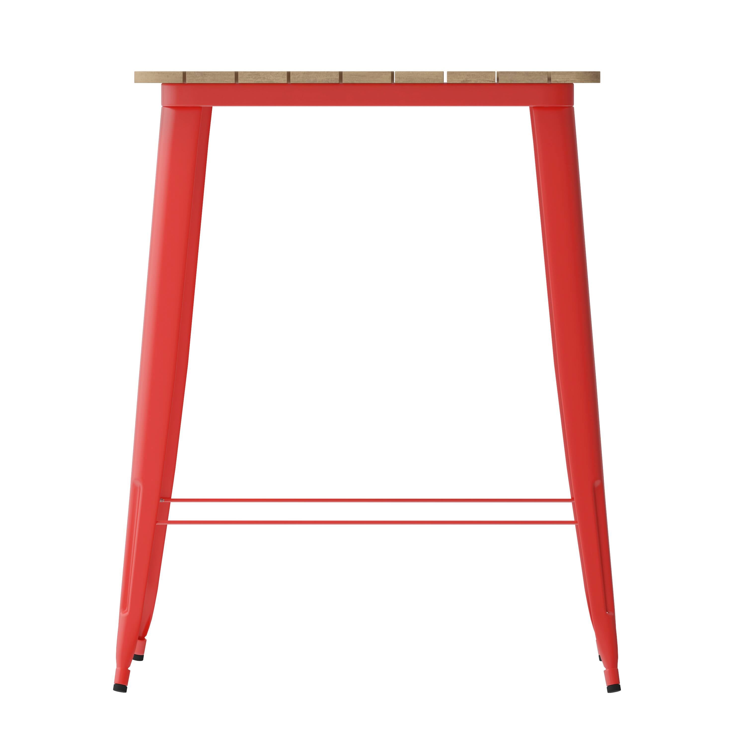 Alt View 7. Emma + Oliver - Drew Indoor/Outdoor Bar Top Table, 31.5" Square All Weather Poly Resin Top with Steel base - Brown Top/Red Frame.