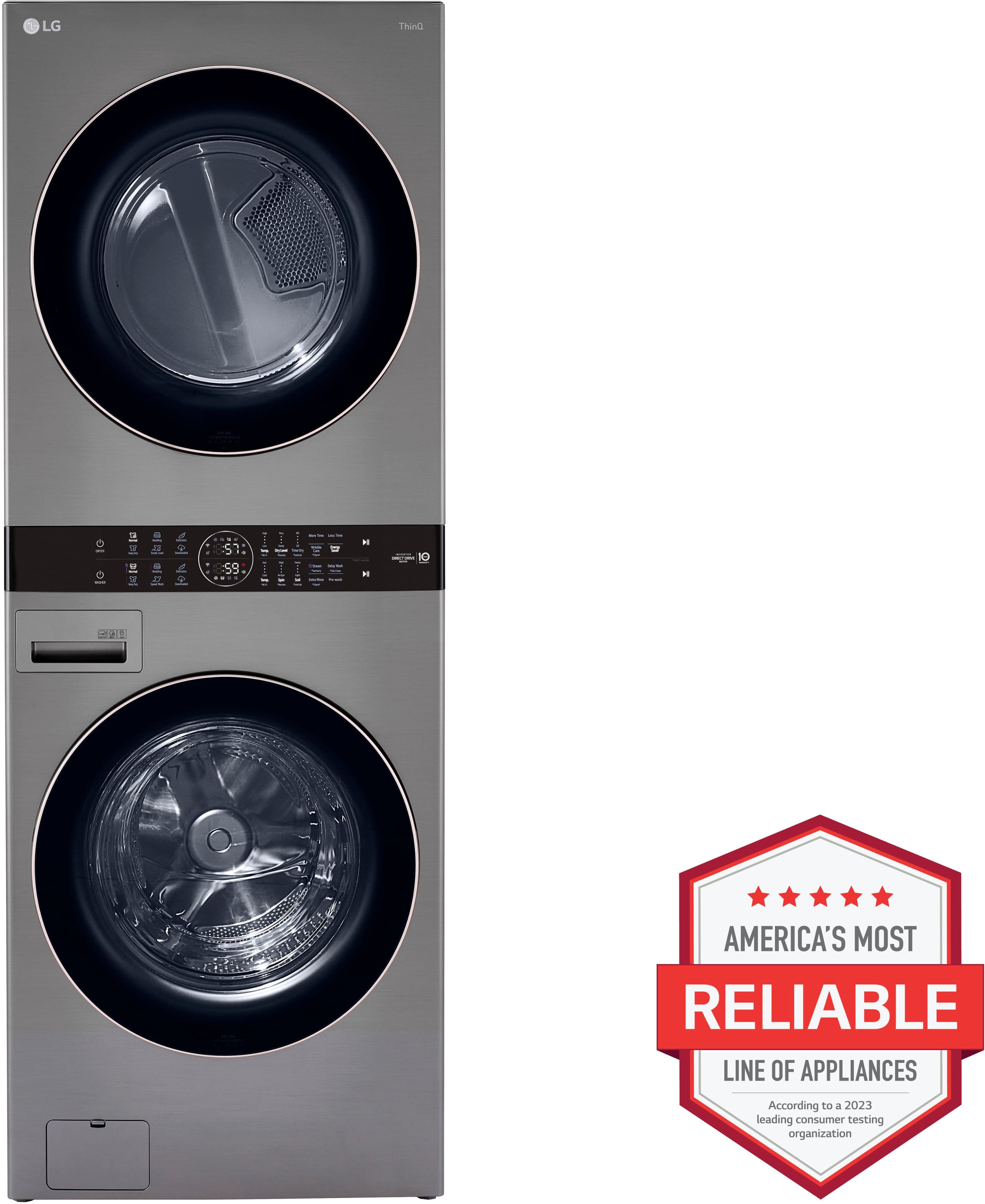 The image features a large, silver washer and dryer combo. The washer is on the left side of the image, while the dryer is on the right side. The appliance is made by LG and has a stainless steel finish. The washer and dryer are both large and occupy a significant portion of the image.