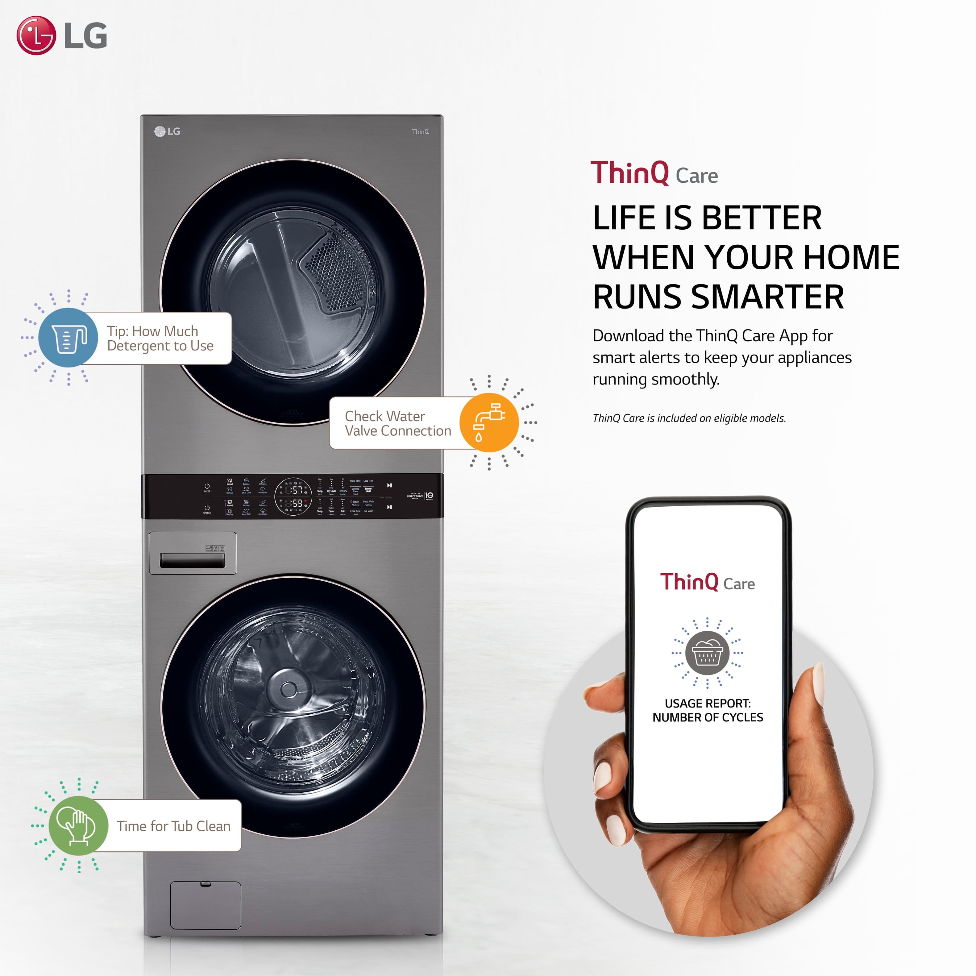 The image features a washing machine and dryer combo with a smartphone app displayed in front of it. The app is called ThinQ Care, which is designed to help users keep their appliances running smoothly. The app provides smart alerts and usage reports, such as the number of cycles and time for tub cleaning. The ad emphasizes the convenience and efficiency of using a smart appliance like this one.