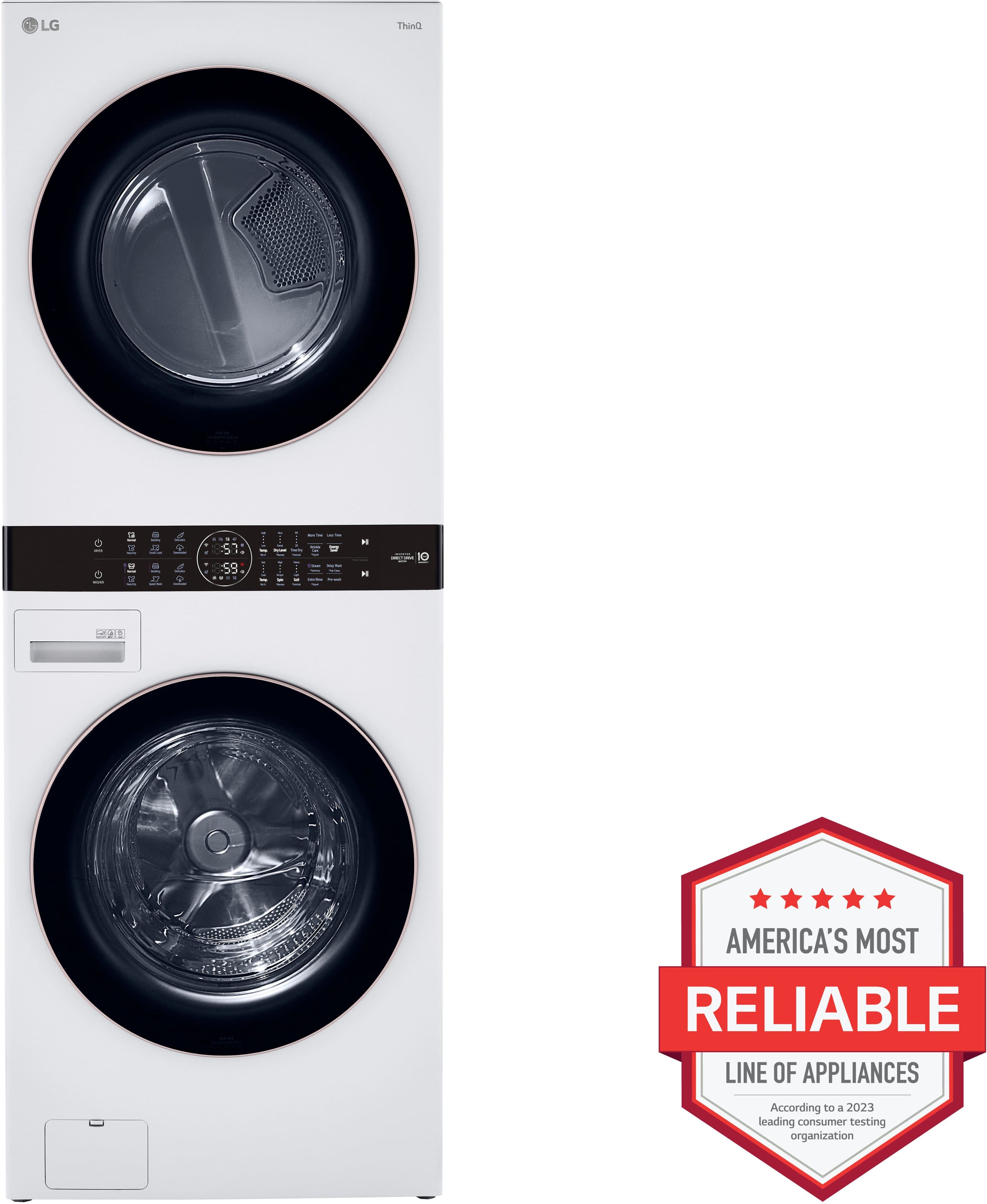 The image features a white stacked washer and dryer combo unit, with a red and white logo in the bottom right corner. The logo reads "America's Most Reliable Line of Appliances" and is accompanied by a star symbol. The washer and dryer are both white, and the dryer is positioned on top of the washer. The image showcases the reliability and quality of this appliance unit.