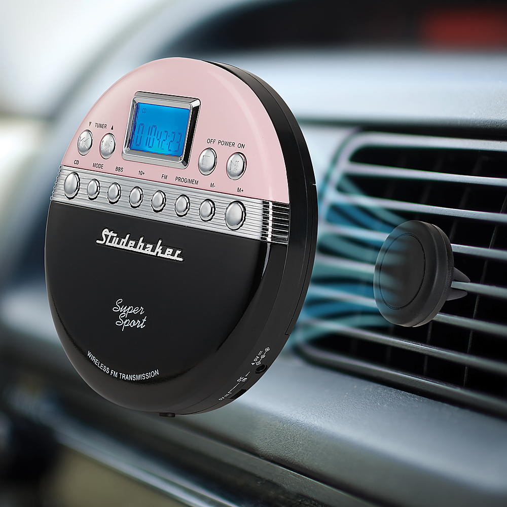 Left View: Studebaker - Joggable Personal CD Player with Wireless FM Transmission and FM PLL Radio - Pink/Black