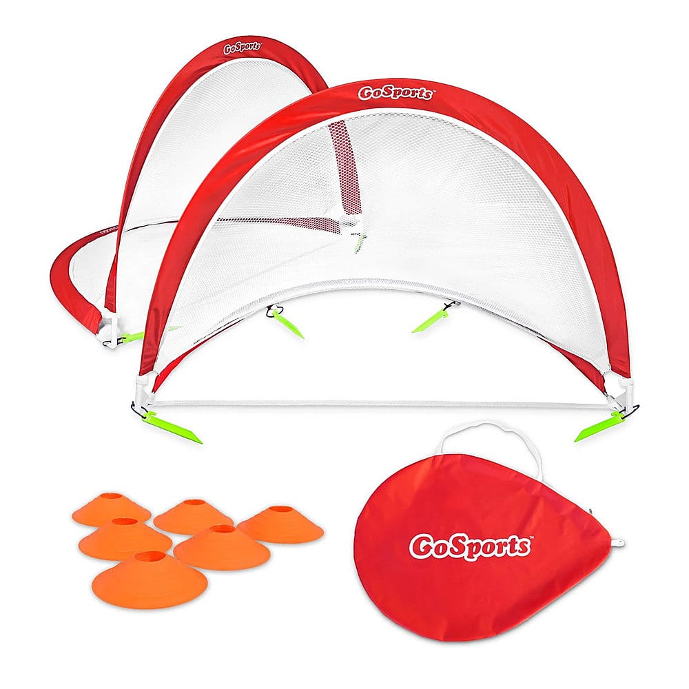 GoSports - Portable Pop Up 6 foot Soccer Goals with Set of 2 Nets, Cones and Case - Red