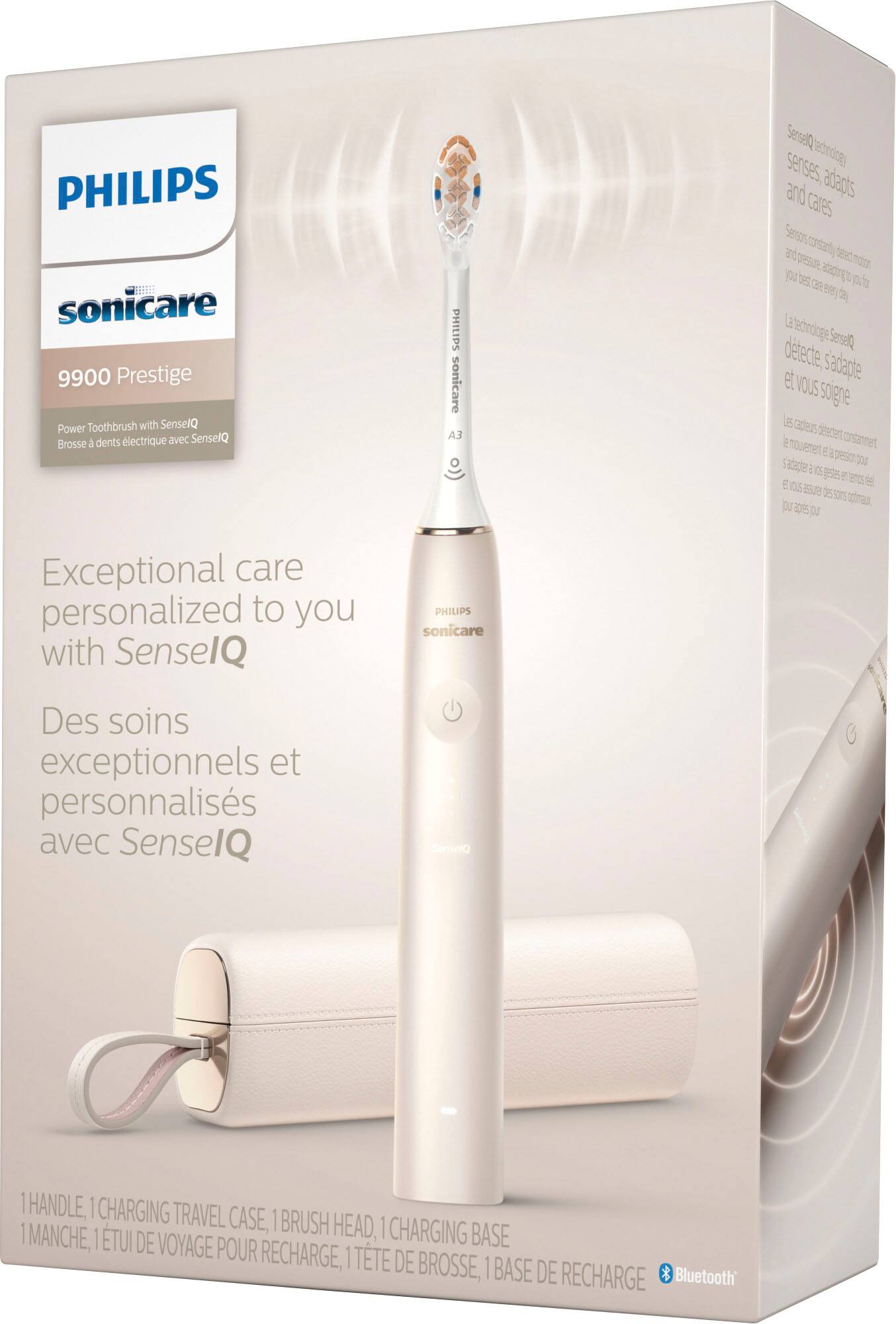 PHILIPS E sonicare 9900 Prestige Power Toothbrush with SenselQ Brosse dents lectrique avec SenselQ PHILIPS sonicare LA Dleerse senses adbrdiogy and adagts cares Seros a vorsarty p RessUR aap mdo you bes 3 p to eey 2 La techroage peaersl detecte. sadapte et VOUS signe 1 capers 6 deeder E mouenet corsament E Deso atapes 7OU i C ? ens t 5 0.5 a5 2e 3o15 opimaa pr 30% O Exceptional care personalized to you with SenselQ PHILIPS sonicare Des soins exceptionnels et personnaliss avec SenselQ Ovamnaz | HANDLE, | CHARGING TRAVEL CASE, 1 BRUSH HEAD, | | MANCHE, | TUI DE VOYAGE CHARGING BASE POUR RECHARGE, | TTE DE B