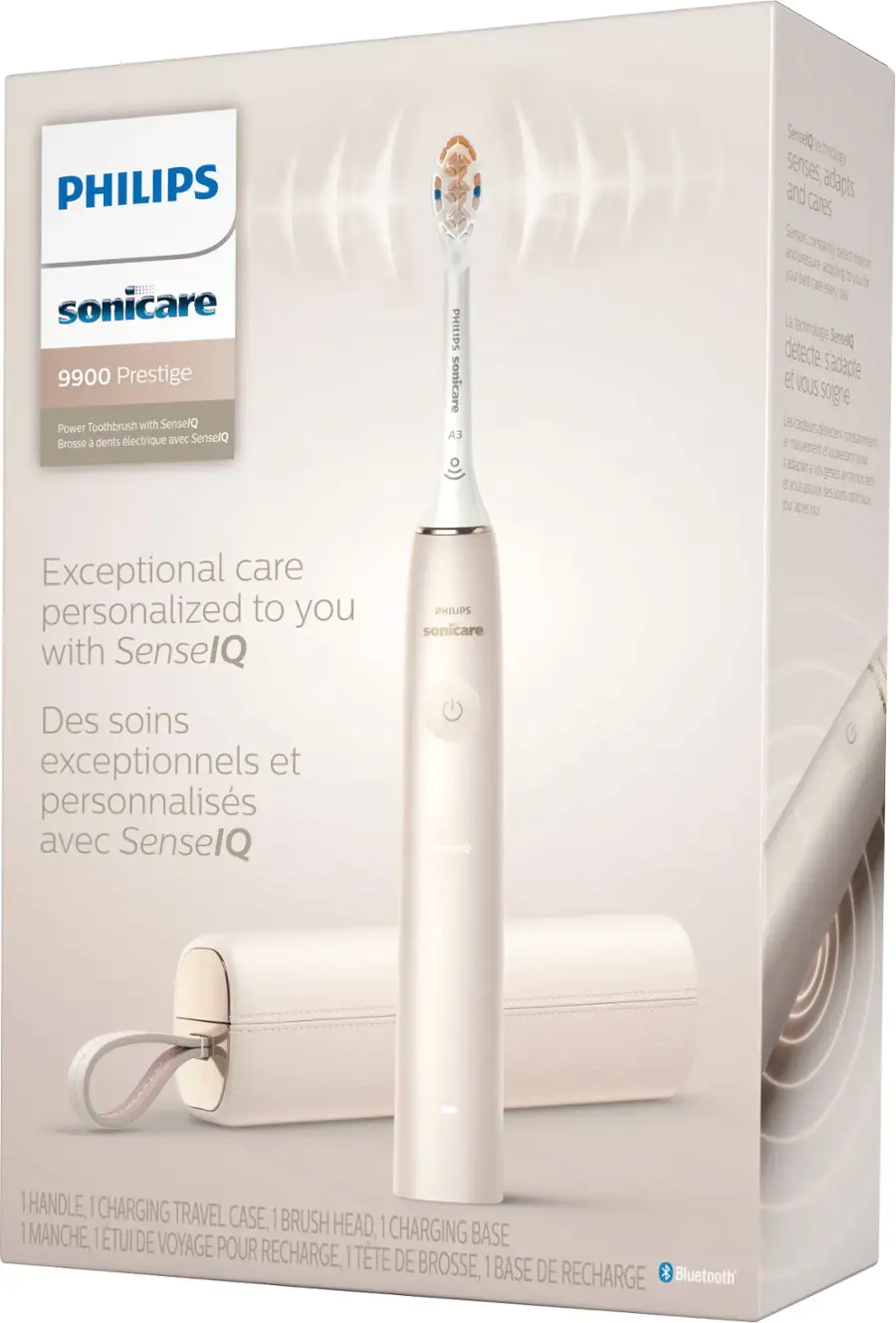 PHILIPS E sonicare 9900 Prestige Power Toothbrush with SenselQ Brosse dents lectrique avec SenselQ PHILIPS sonicare LA Dleerse senses adbrdiogy and adagts cares Seros a vorsarty p RessUR aap mdo you bes 3 p to eey 2 La techroage peaersl detecte. sadapte et VOUS signe 1 capers 6 deeder E mouenet corsament E Deso atapes 7OU i C  ? ens t 5 0.5 a5 2e 3o15 opimaa pr 30% O Exceptional care personalized to you with SenselQ PHILIPS sonicare Des soins exceptionnels et personnaliss avec SenselQ Ovamnaz | HANDLE, | CHARGING TRAVEL CASE, 1 BRUSH HEAD, | | MANCHE, | TUI DE VOYAGE CHARGING BASE POUR RECHARGE, | TTE DE B