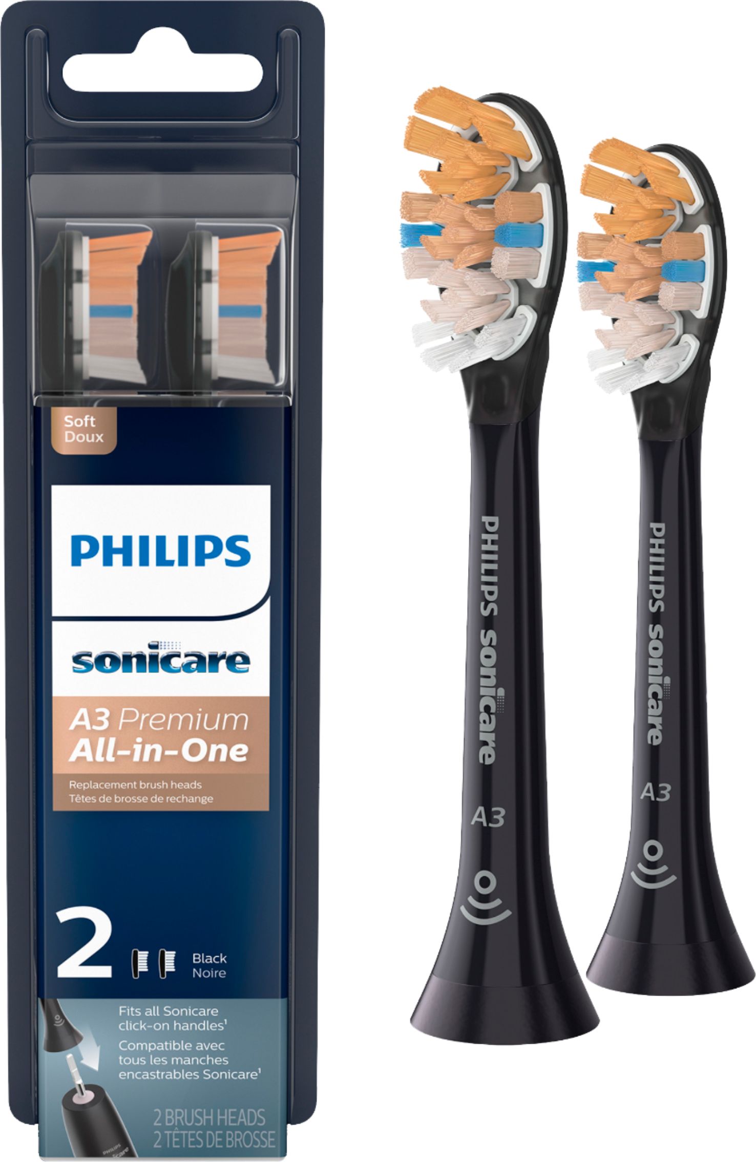 Angle View: Philips Sonicare - Premium All-in-One (A3) Replacement Toothbrush Heads, (2-pack) - Black