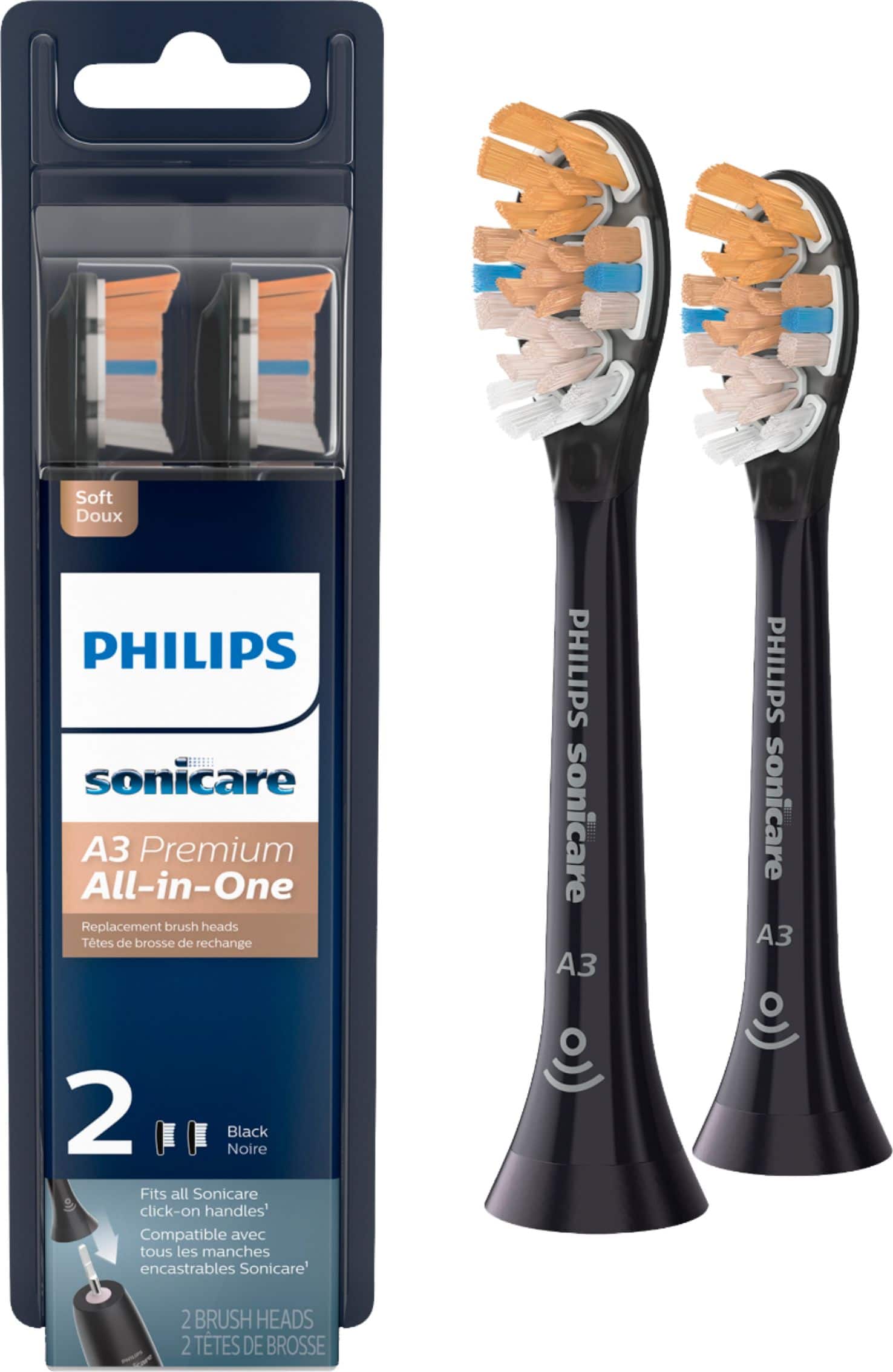 Angle. Philips Sonicare - Premium All-in-One (A3) Replacement Toothbrush Heads, (2-pack) - Black.