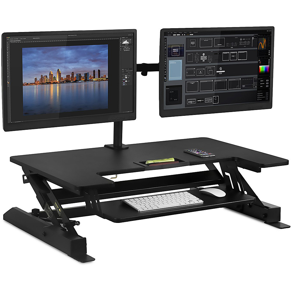 Left View: Mount-It! - Sit-Stand Desk Converter  with Dual Monitor Mount - Black