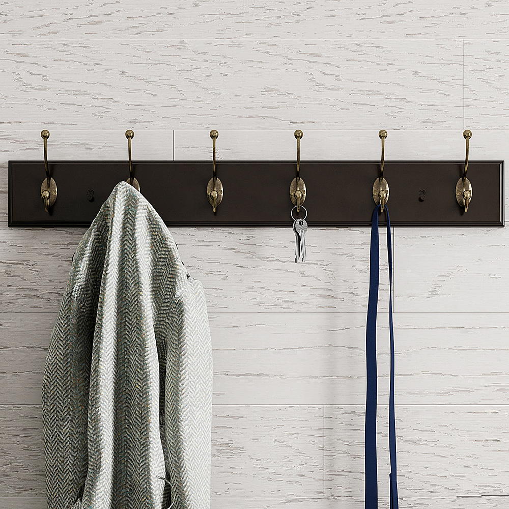 Hastings Home - Mounted Wall Hook Rail with 6 Hooks-Entryway, Hallway, or Bedroom-Storage Organization for Coats, Towels, Bags - Brown