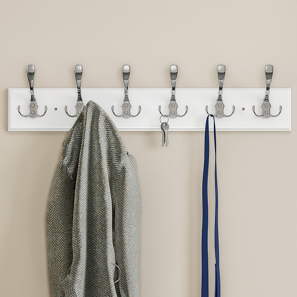 Hastings Home - Mounted Wall Hook Rail with 6 Hooks-Entryway, Hallway, or Bedroom-Storage Organization for Coats, Towels, Bags - White