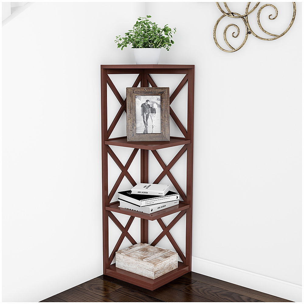 Hastings Home - 4-Shelf Corner Bookcase- Open Criss-Cross Style Etagere Shelving Unit for Decoration, Storage and Display - Brown