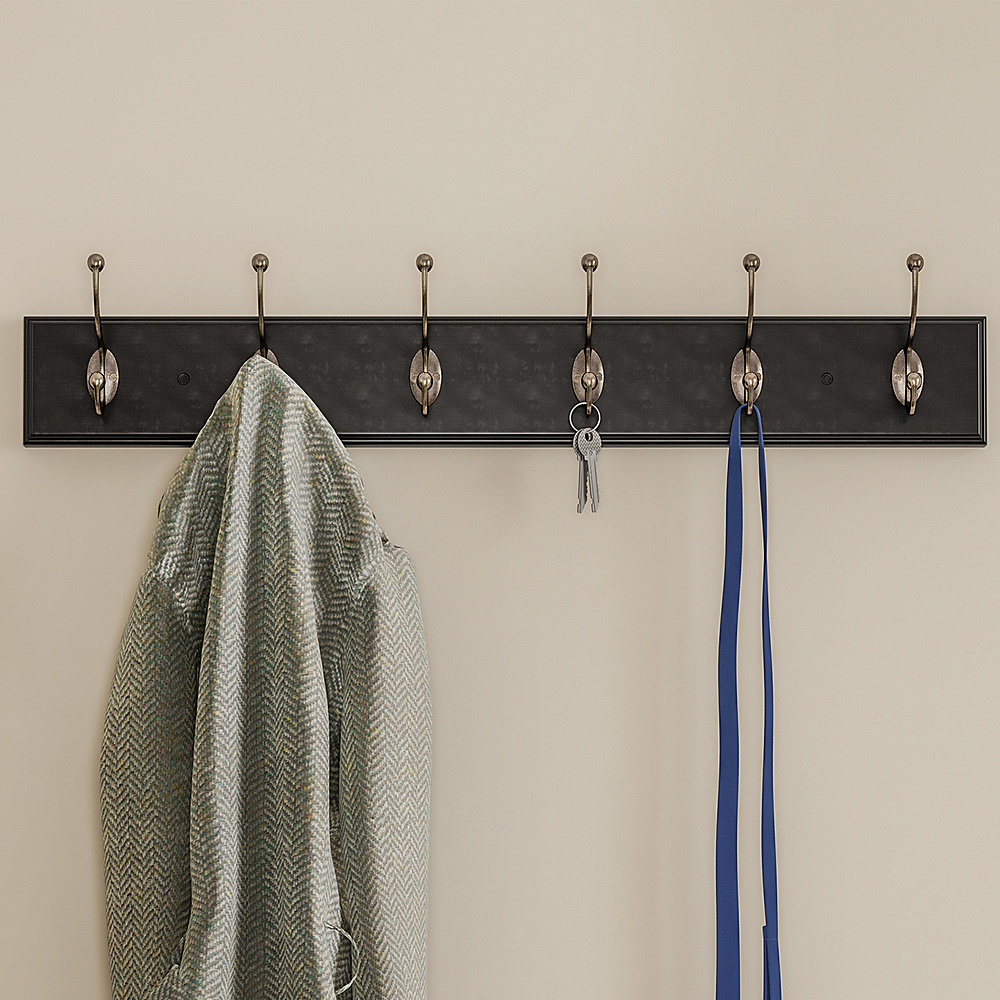 Hastings Home - Mounted Wall Hook Rail with 6 Hooks-Entryway, Hallway, or Bedroom-Storage Organization for Coats, Towels, Bags - Black