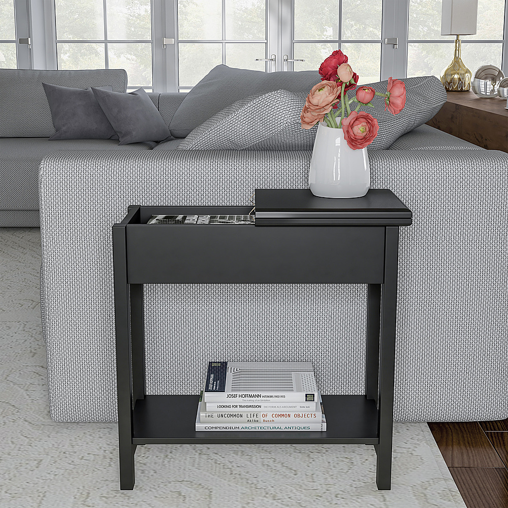 Flip Top End Table-Slim Side Console with Hidden Hinged Storage Compartment and Lower Shelf by Hastings Home - Matte Black