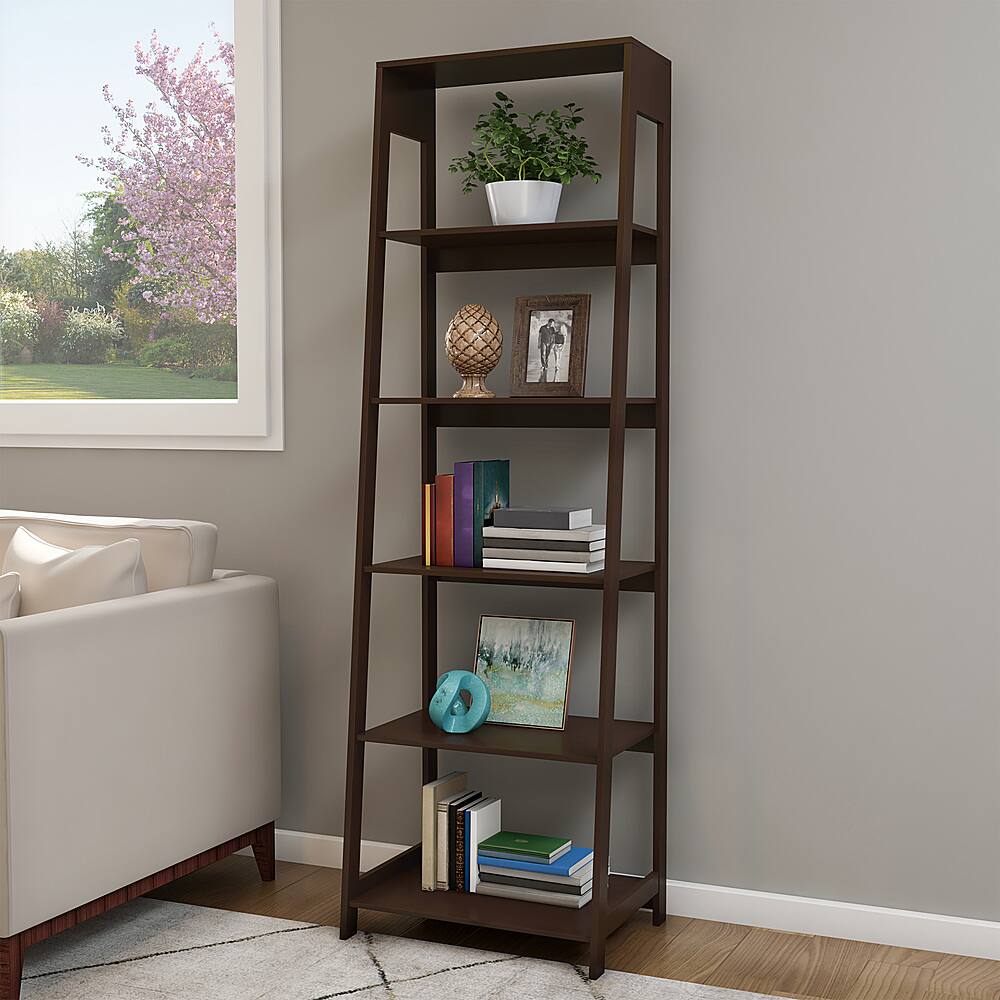  Hastings Home - 5 Shelf Ladder Bookshelf- Free Standing Wooden Tiered Bookcase with Frame &amp; Leaning Look for Home &amp; Office Storage - Dark Brown