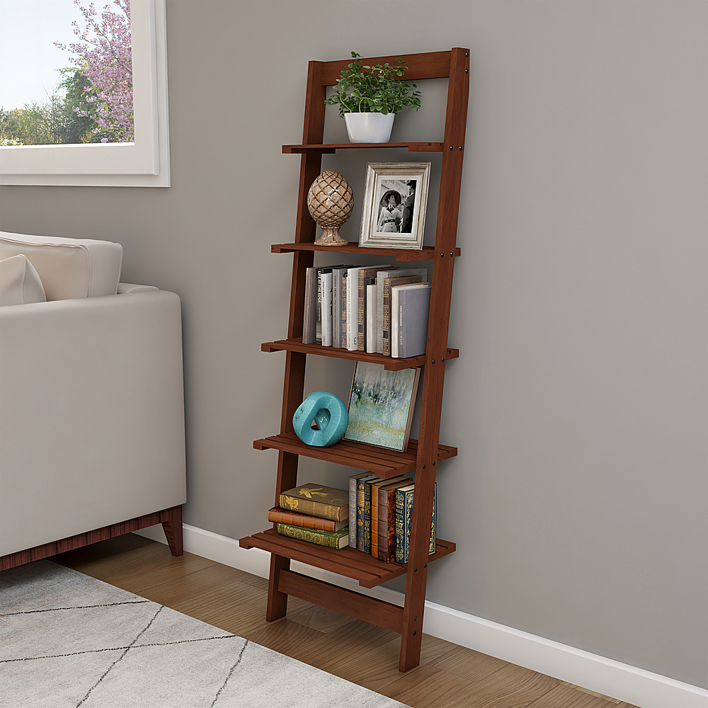 Hastings Home - 5-Tier Wall Shelf-Finished Wood Book Shelf With Compact Ladder Styling, Works as Bathroom Shelf and Display Shelf - Walnut
