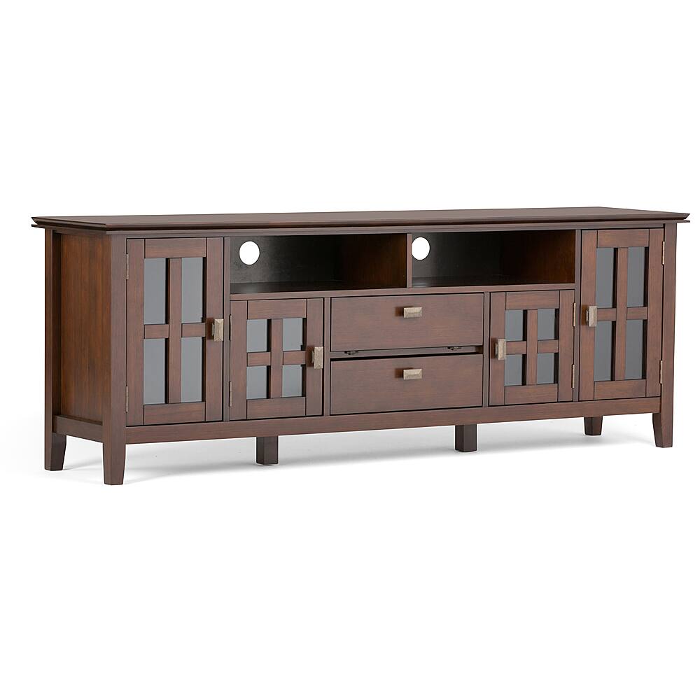 Angle. Simpli Home - Artisan 72W Low TV Stand with Drawers, Glass Doors and Cubbies - Russet Brown.