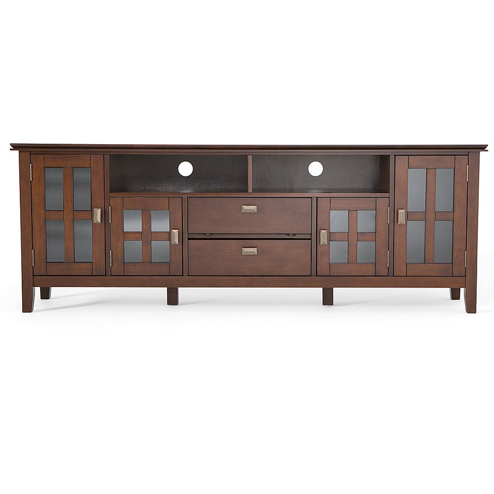 Left View: Simpli Home - Artisan SOLID WOOD 72 inch Wide Transitional TV Media Stand in Russet Brown For TVs up to 80 inches - Russet Brown