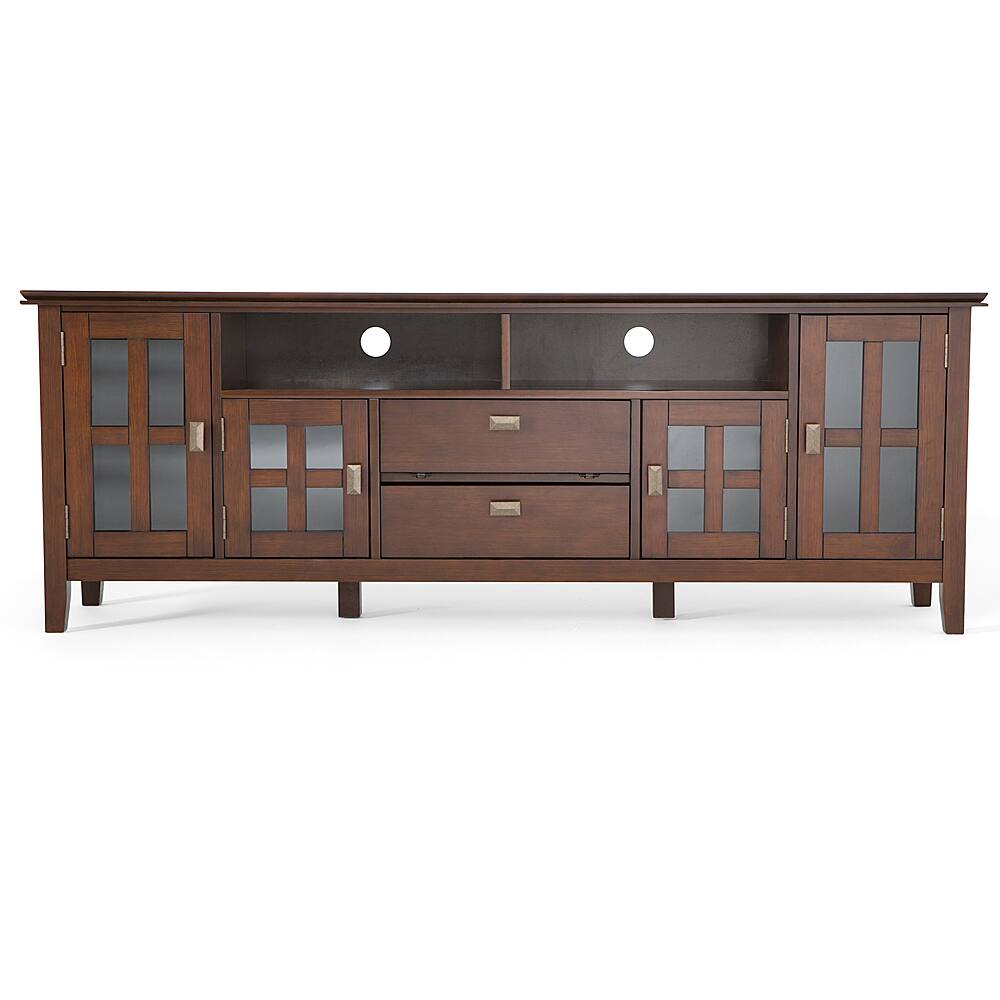Left. Simpli Home - Artisan 72W Low TV Stand with Drawers, Glass Doors and Cubbies - Russet Brown.