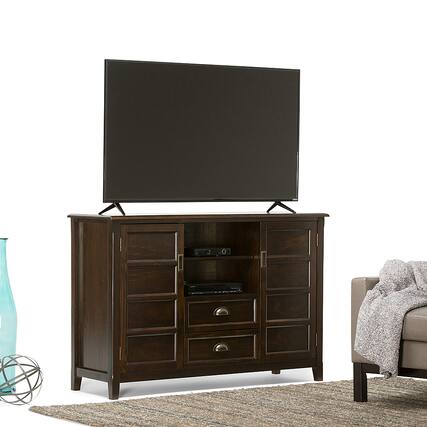 Front. Simpli Home - Burlington Solid Wood 54 inch Wide Transitional TV Media Stand For TVs up to 60 inches - Mahogany Brown.