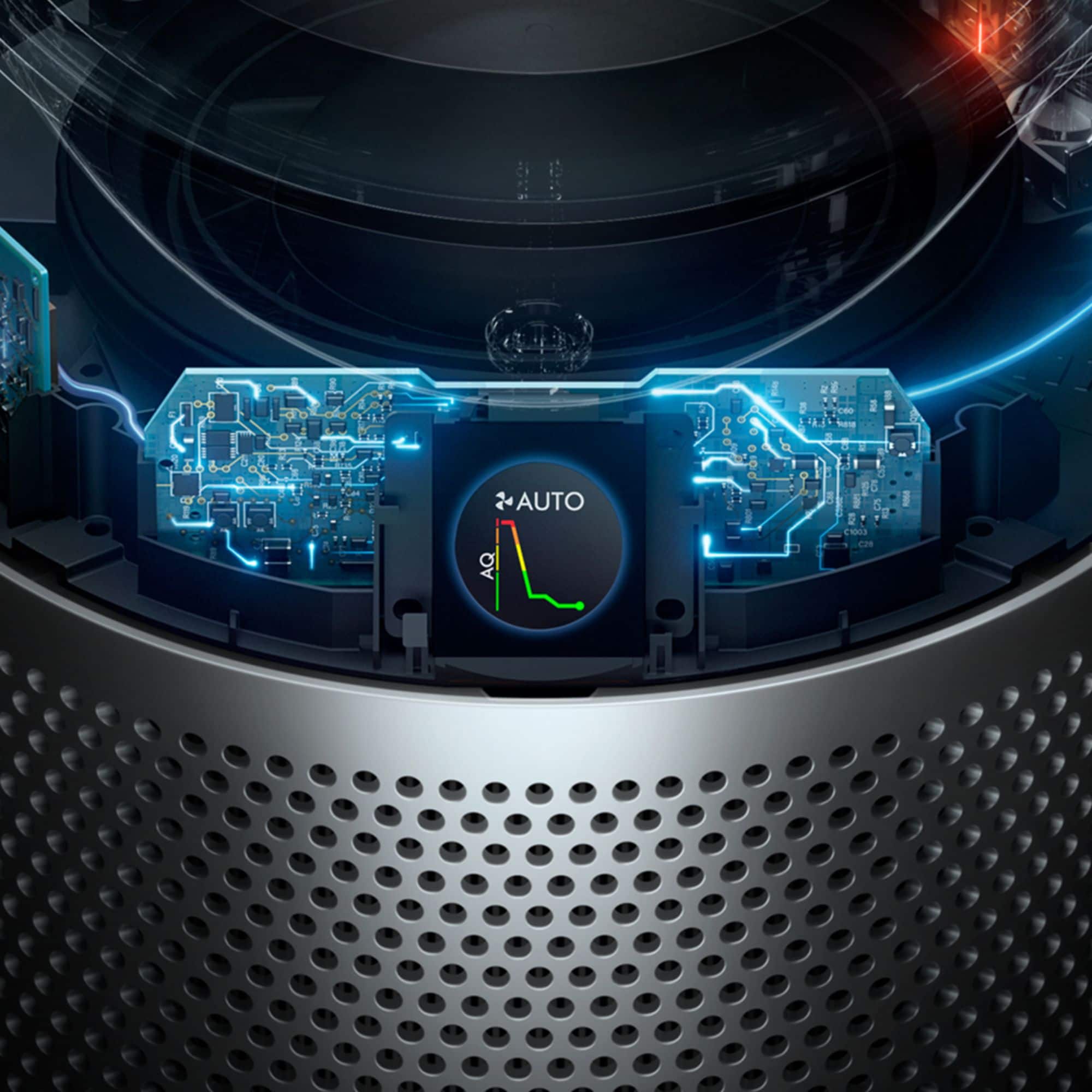 The image features a close-up of a machine with a digital display, which is likely an air purifier. The display shows a graph of air quality, indicating that the machine is monitoring and analyzing airborne pollutants in real-time. The machine is designed to automatically sense and report the air quality, providing users with a clear understanding of the indoor air quality.
