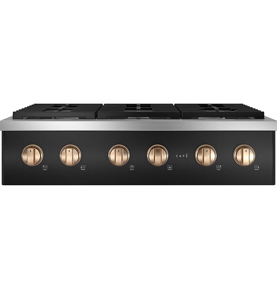 Left. Café - 36" Built-In Gas Cooktop with 6 Burners, Customizable - Matte Black.