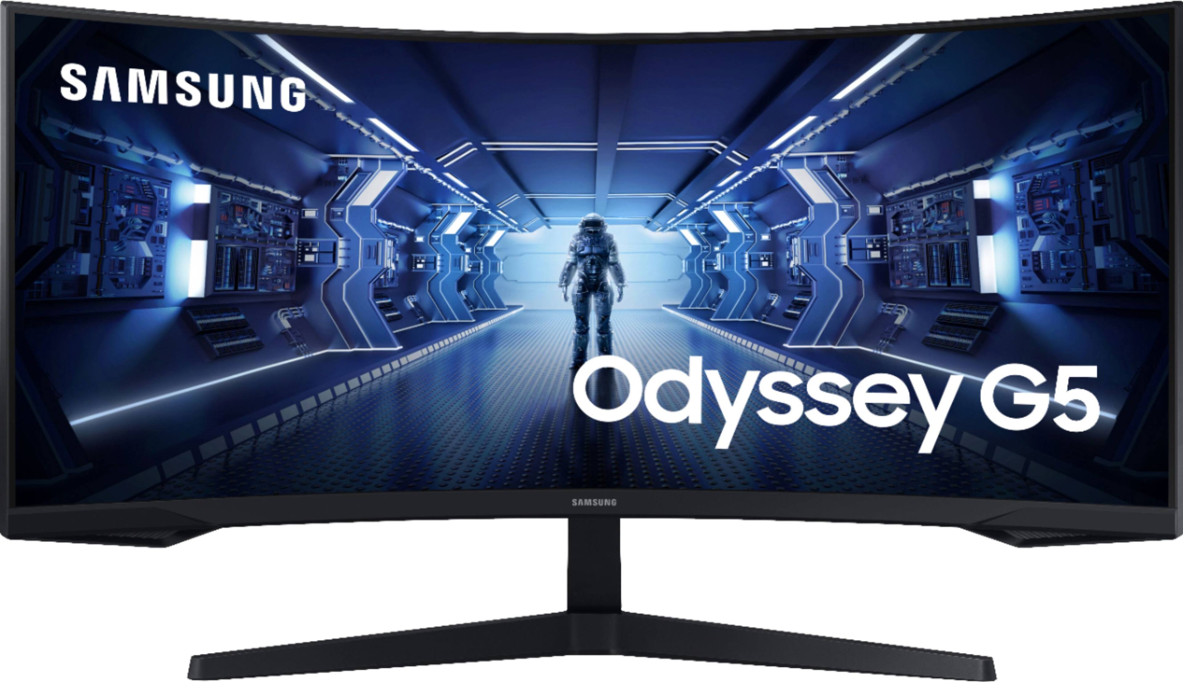 Front. Samsung - Geek Squad Certified Refurbished Odyssey G5 34" LED Curved FreeSync Monitor With HDR - Black.