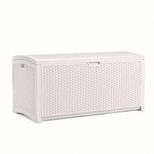 Suncast - 99 Gallon Heavy Duty Resin Wicker Horizontal Outdoor Deck Box - White-Front_Standard 
