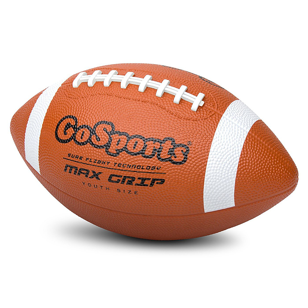 Left View: GoSports - Max Grip Rubber Football with Ball Pump and Bag (6 Pack) - Brown