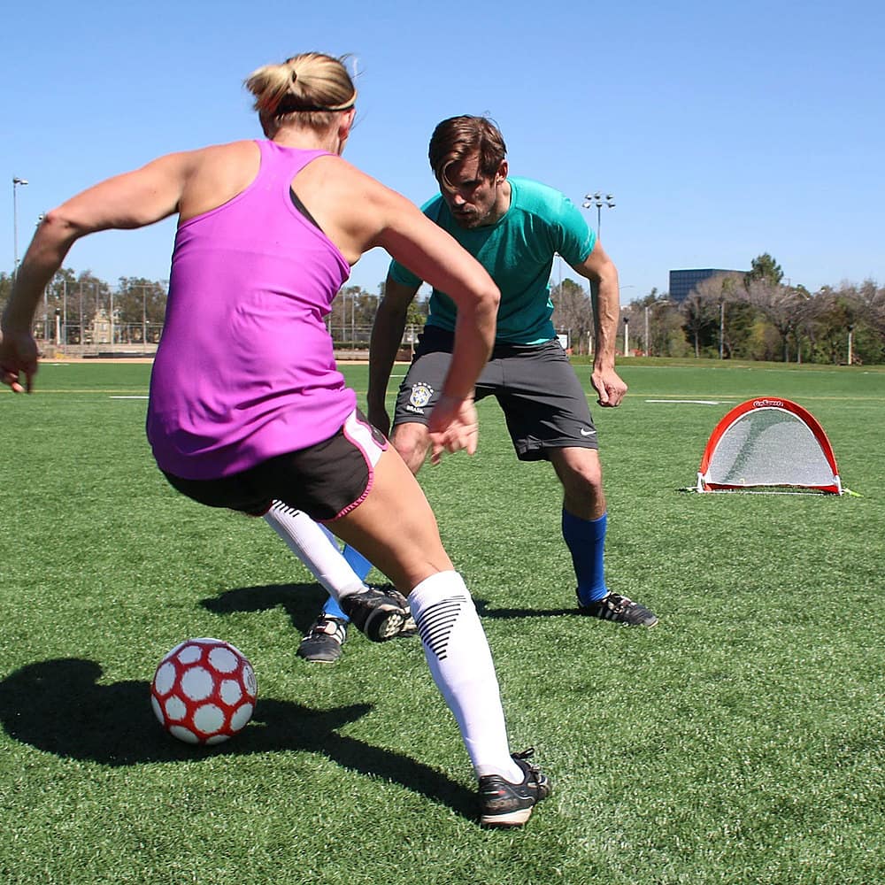 Left View: GoSports - Portable Pop Up Soccer Goals, Wide Nets for Outdoor & Backyard - Red