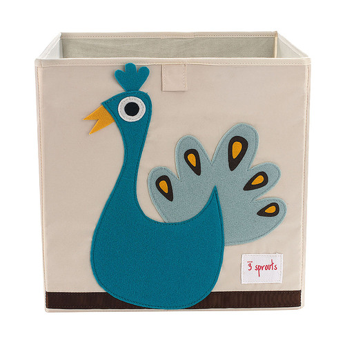 3 Sprouts - Children's Foldable Fabric Storage Cube Box Soft Toy Bin, Blue Peacock