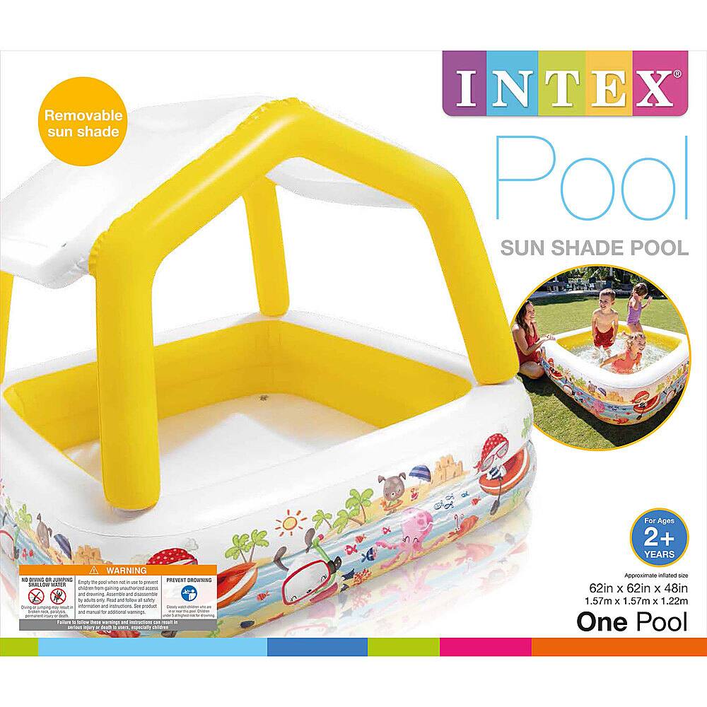 Removable sun shade INTEX N T E Pool SUN SHADE POOL For Ages 2+ YEARS WARNING 1 -VN - JUNPING PREVENT -S dmary t - - a  . preven SMALLO mATER gd { gening wAn are - Ansembio an ENOTON D dut a moat - folee - n a uoTE intoraton ws insirvetions des produst  peoee and - o asstona mamings - . - - - S - n -  Approximate intated sce 62in x 62in x 48in 1.57m x 1.57m x 1.22m One Pool
