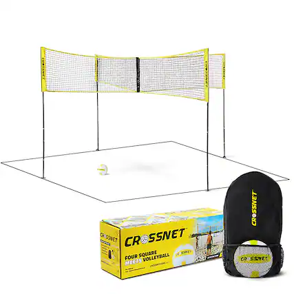 Left. CROSSNET - Four Square Volleyball Net and Game Set with Carrying Backpack & Ball - Yellow.
