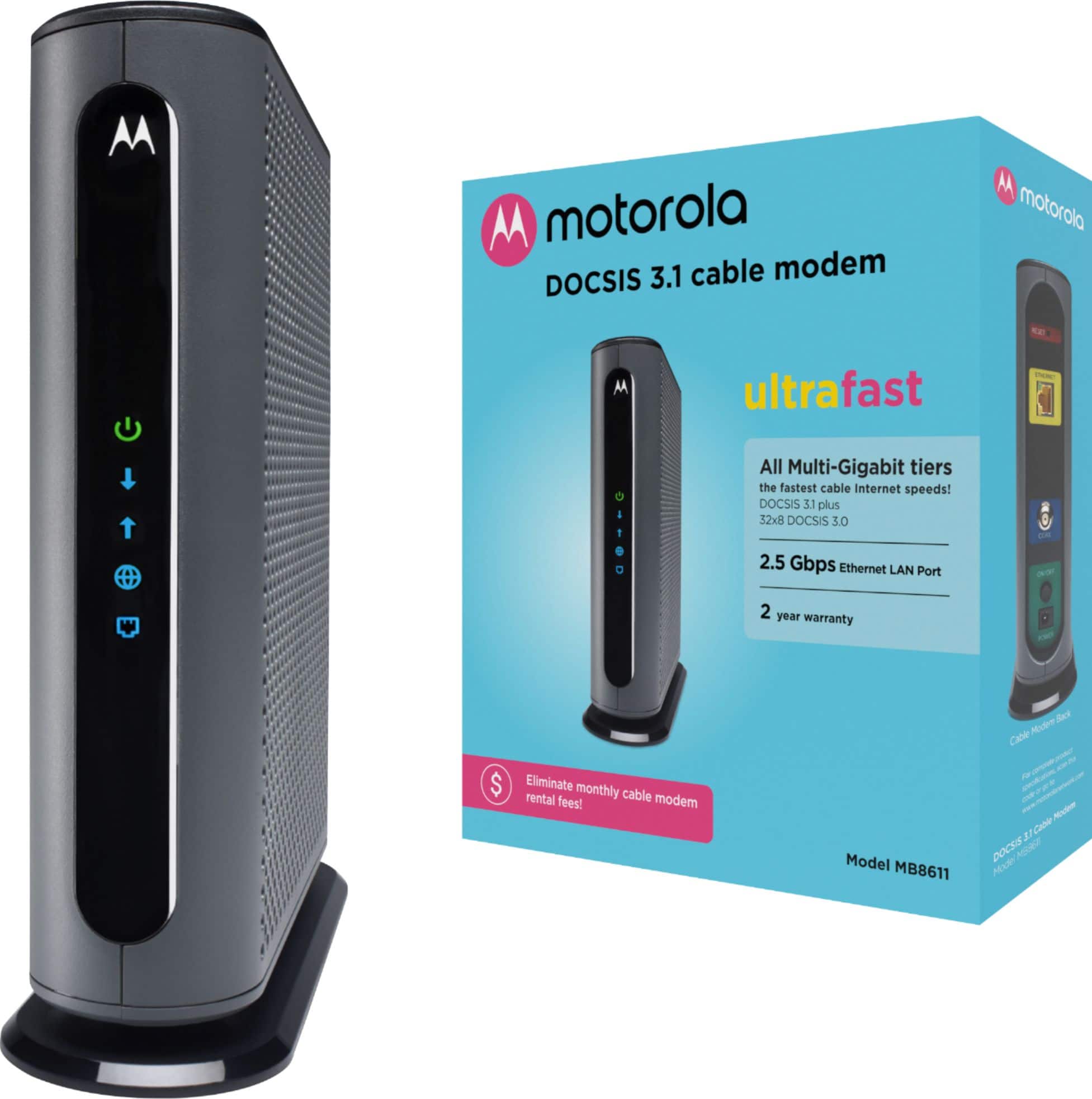 Front. Motorola - MB8611 32x8 DOCSIS 3.1 Cable Modem 2.5 GB Ethernet - Black.