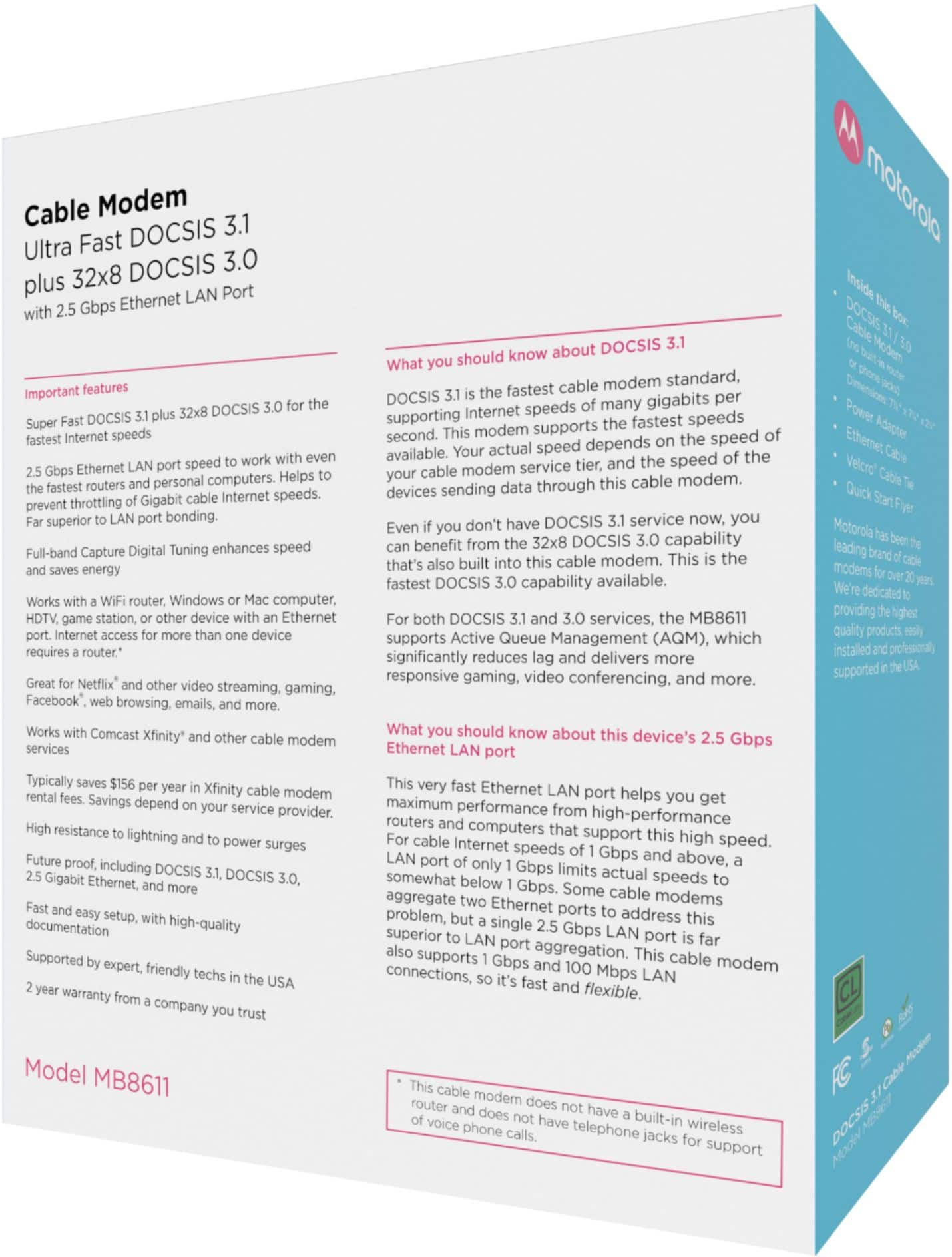 Alt View 11. Motorola - MB8611 32x8 DOCSIS 3.1 Cable Modem 2.5 GB Ethernet - Black.