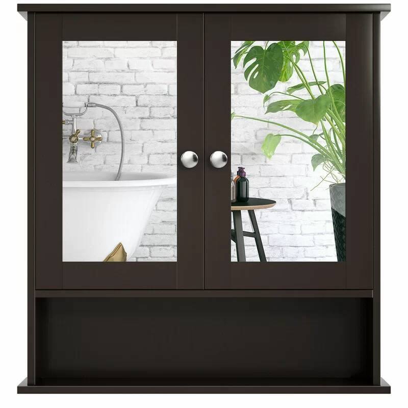 Left. Hivvago - Brown Wooden Bathroom Wall / Medicine Cabinet with Mirrored Doors and Shelf - Brown.