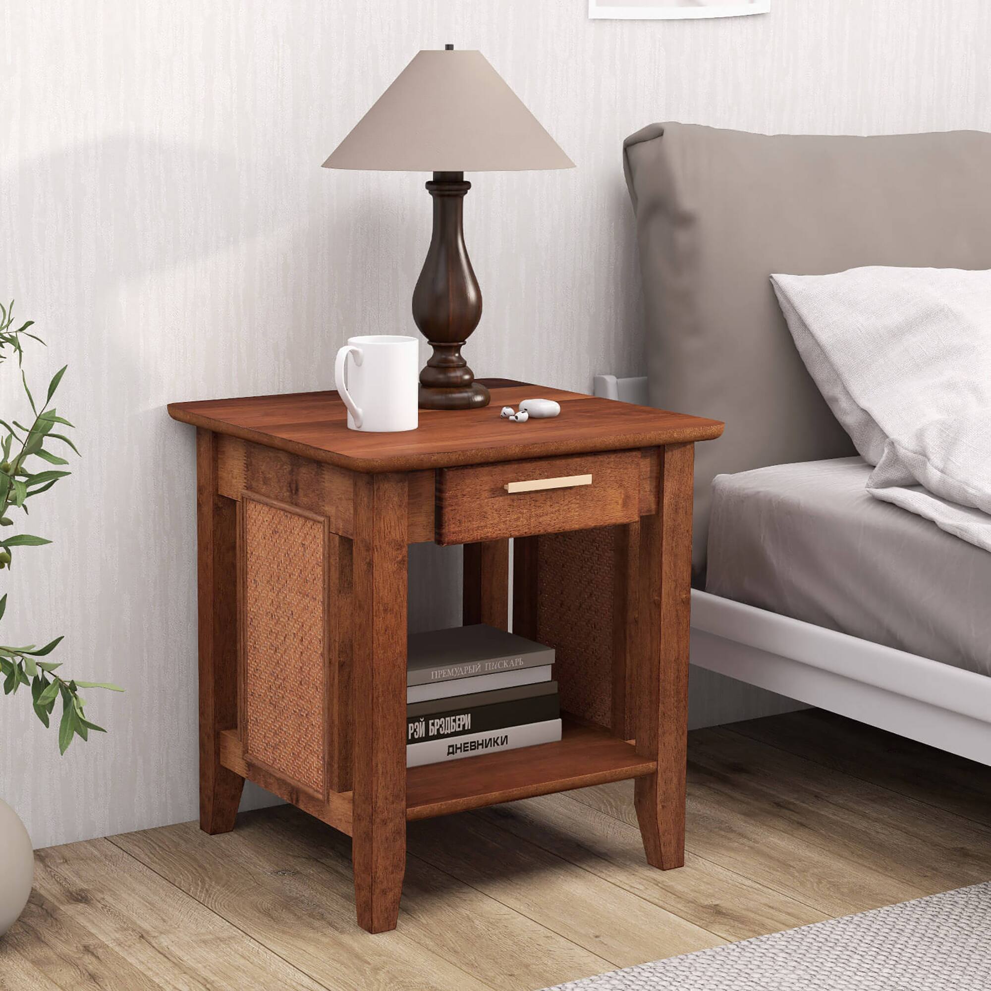 Alt View 3. Gymax - Gymax Boho Style Nightstand 3-Tier Sofa Side End Table w/ Drawer & Shelf Walnut - Walnut.