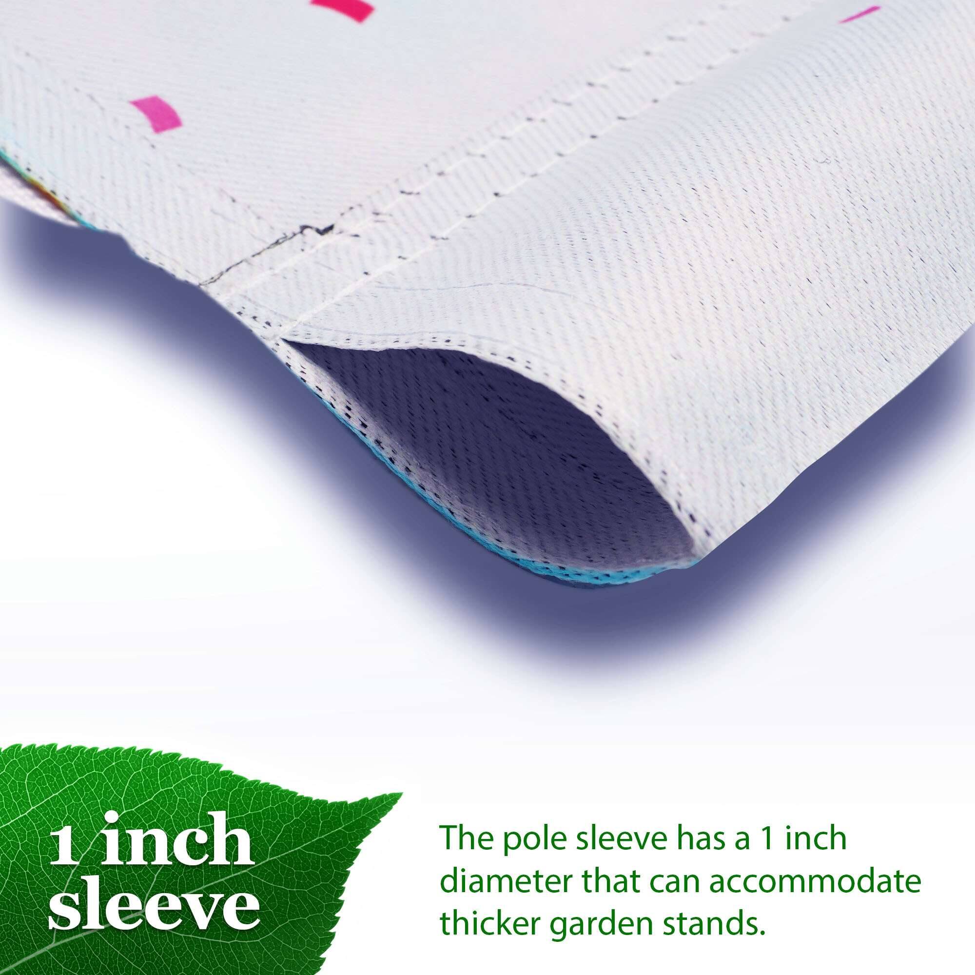 1 inch sleeve

The pole sleeve has a 1 inch diameter that can accommodate thicker garden stands.