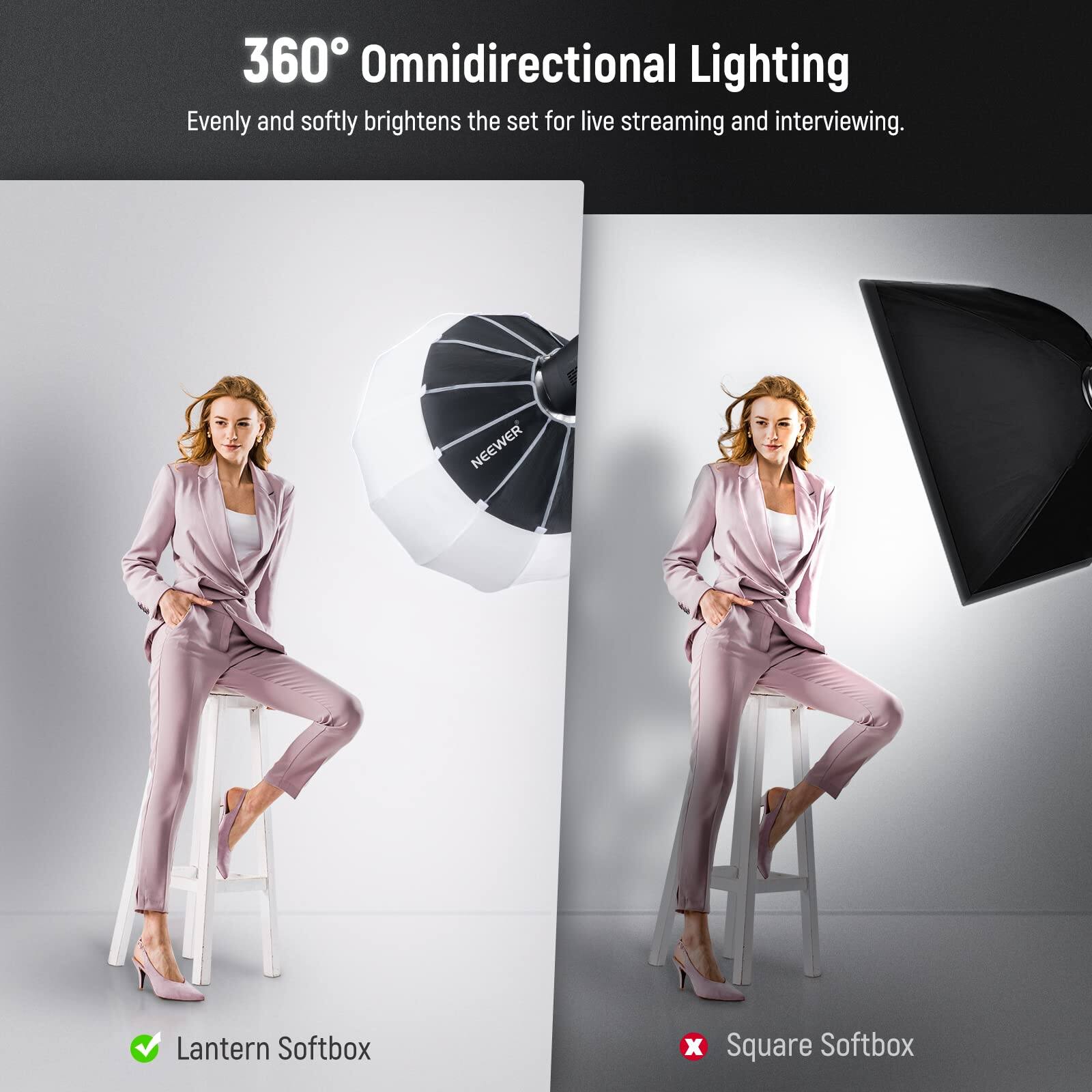 360° Omnidirectional Lighting  
Evenly and softly brightens the set for live streaming and interviewing.  

NEEWER Lantern Softbox  
Square Softbox