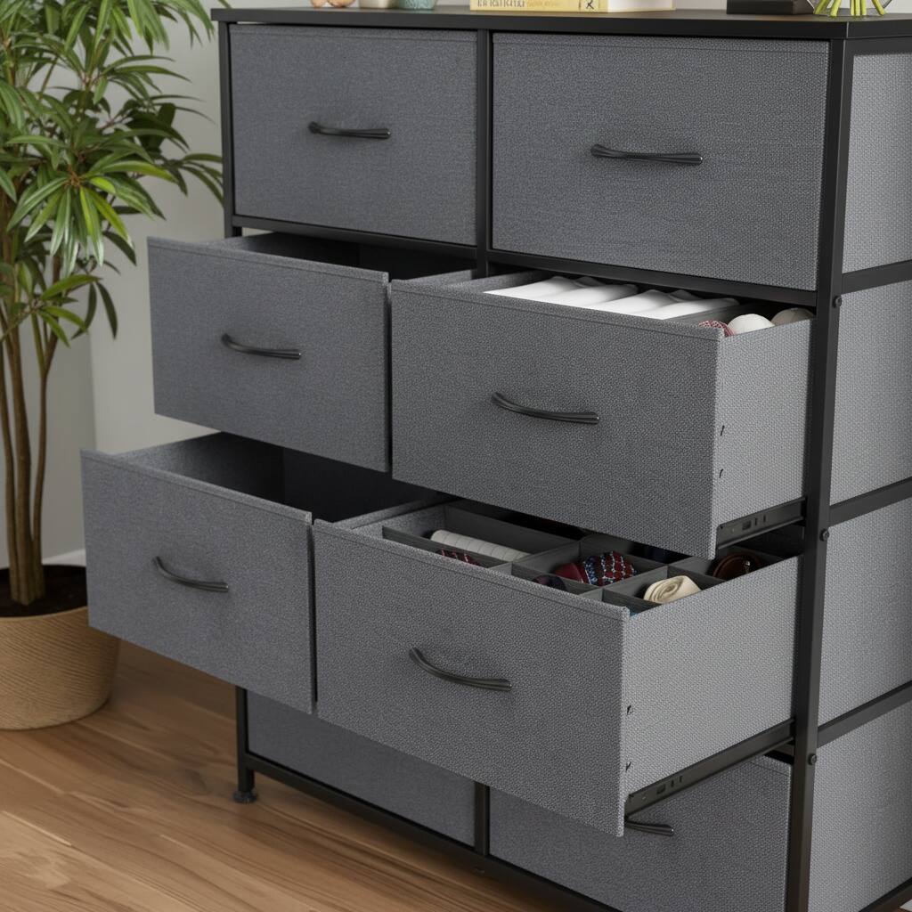 Left. AOITUN - 8-Drawer Fabric Storage Dresser Gray - Ideal Dorm Room Dresser Storage, Bedroom Organizer with Drawers - Gray.