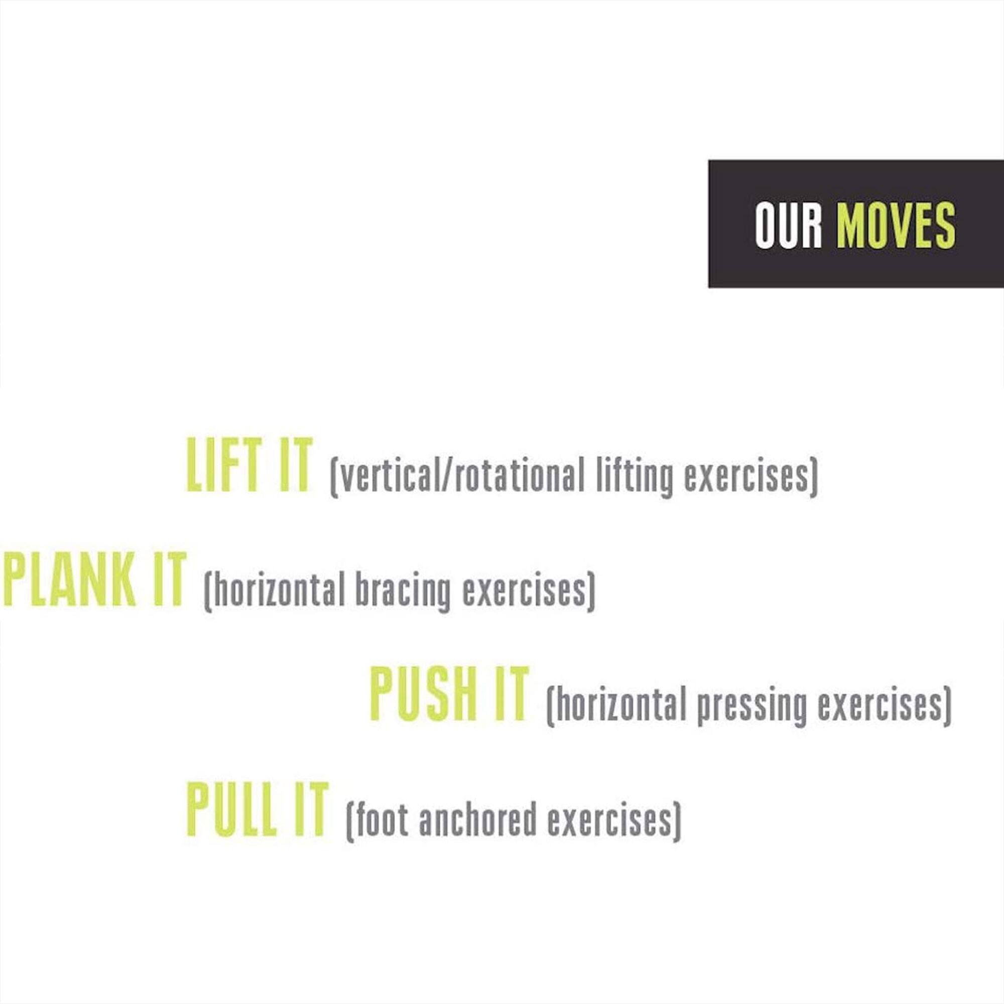 OUR MOVES

LIFT IT (vertical/rotational lifting exercises)

PLANK IT (horizontal bracing exercises)

PUSH IT (horizontal pressing exercises)

PULL IT (foot anchored exercises)