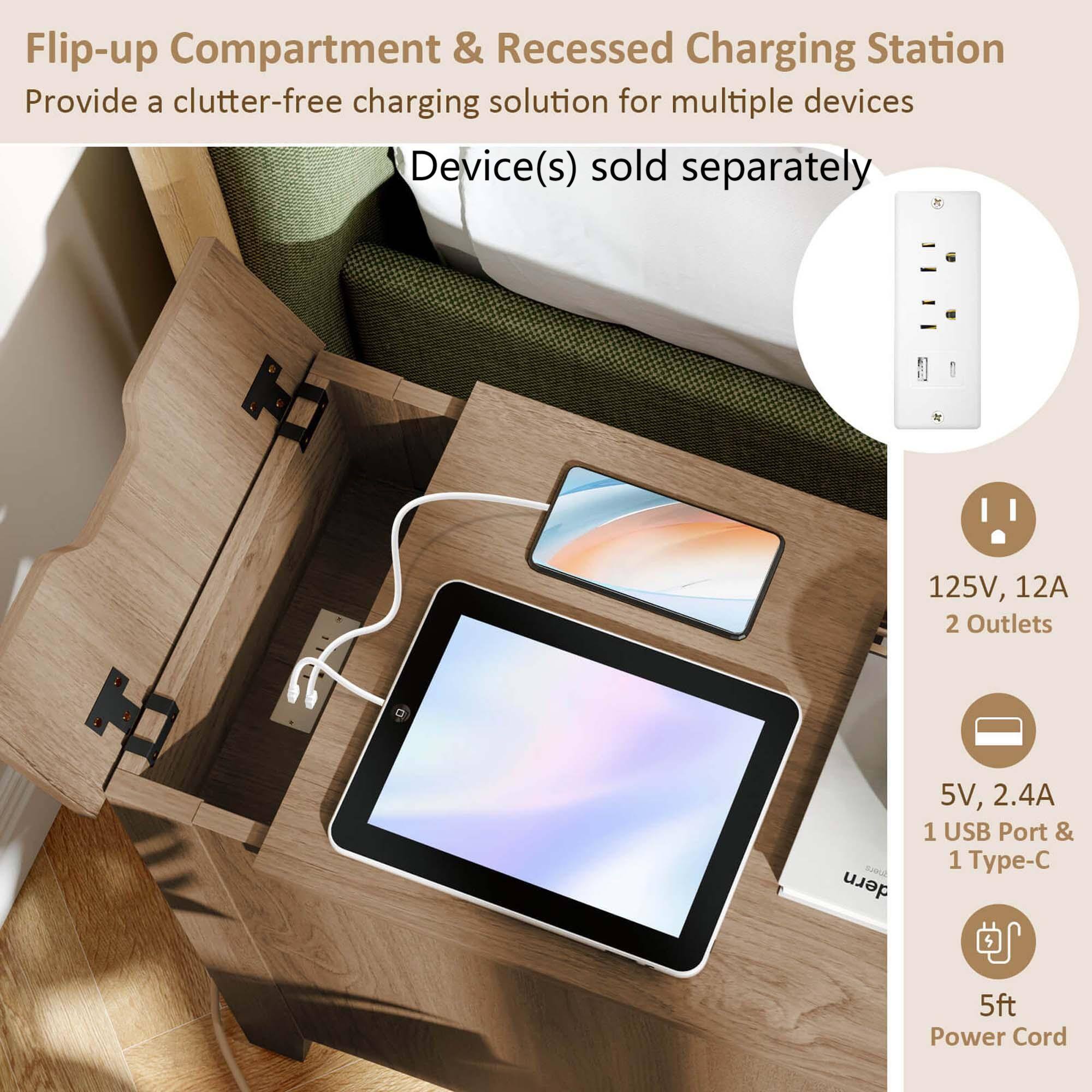 Flip-up Compartment & Recessed Charging Station: Provide a clutter-free charging solution for multiple devices (Device(s) sold separately). This product features 125V, 12A, 2 Outlets, 5V, 2.4A 1 USB Port & 1 Type-C Port, and a 5ft Power Cord.