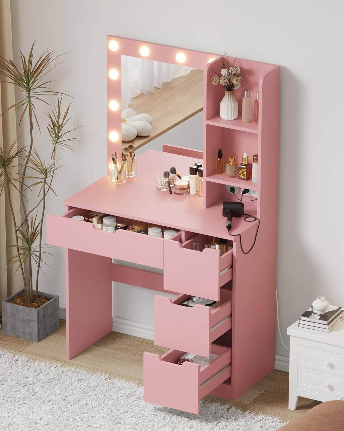 Alt View 3. GARVEE - Makeup Vanity with Mirror,12 LED Lights with 3 Adjustable Lighting Modes and Brightness Levels, Built-in Power Outlet - Pink.