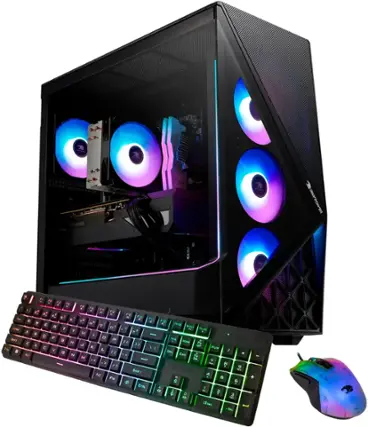 The image features a computer tower with a keyboard and mouse placed in front of it. The keyboard is colorful and has a rainbow theme, while the mouse is also colorful and has a purple and green design. The computer tower is equipped with a sound system and a cooling fan, making it a powerful and visually appealing setup.