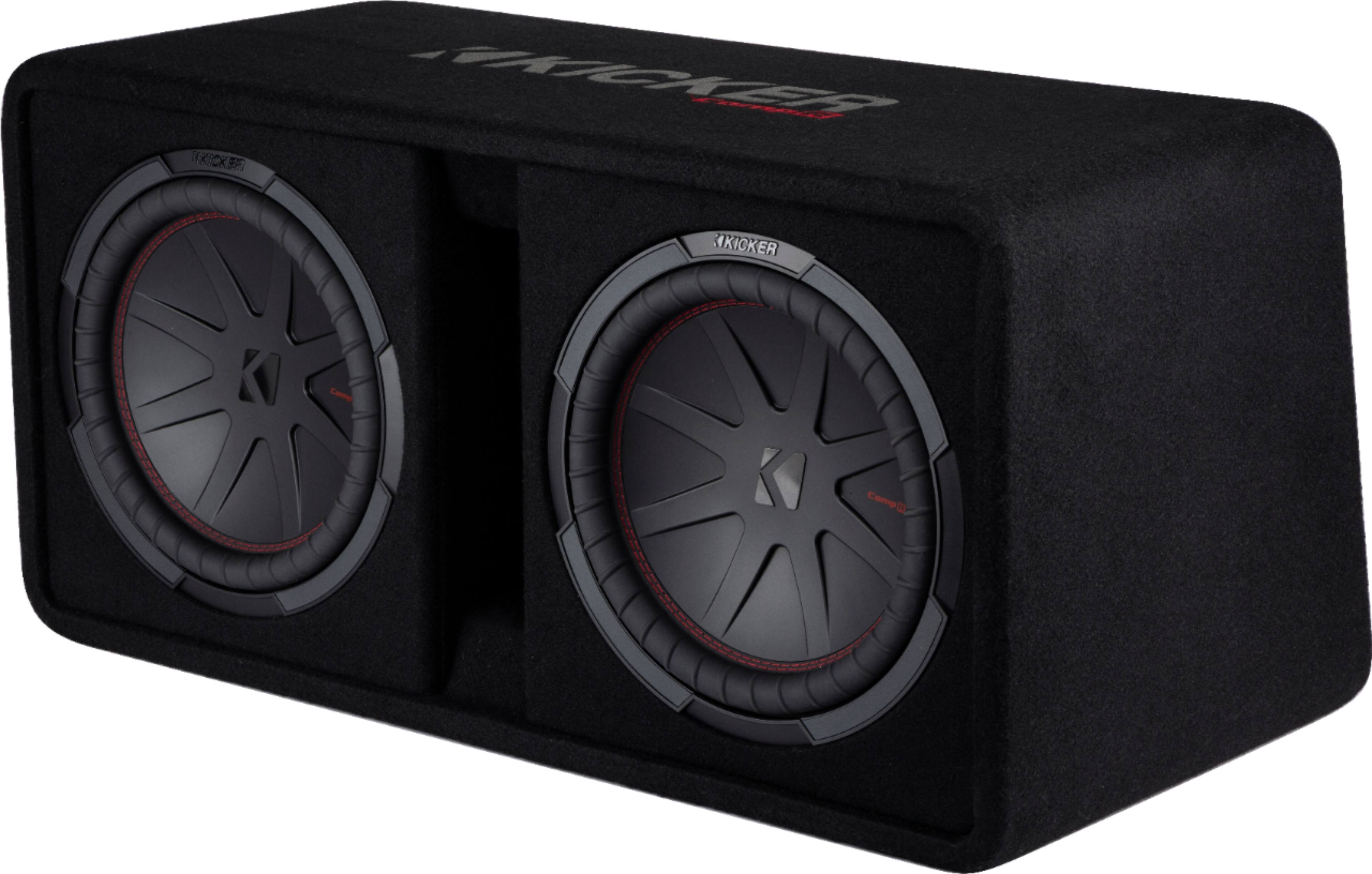 Left. KICKER - CompR Dual 12" Dual-Voice-Coil 2-Ohm Subwoofers with Enclosure - Black.