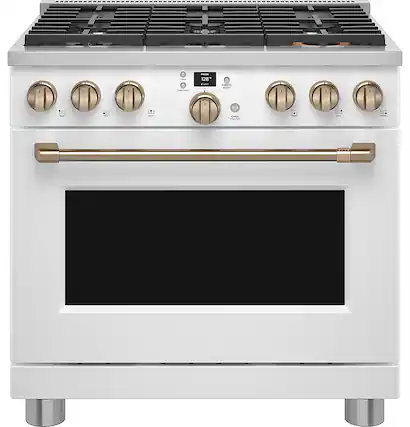 Front. Café - 5.75 Cu. Ft. Freestanding Dual Fuel True Convection Range with 6 Burners, Customizable - Matte White.