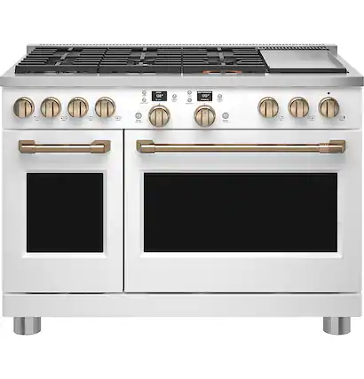 Front. Café - 8.25 Cu. Ft. Freestanding Double Oven Dual Fuel True Convection Range with 6 Burners, Customizable - Matte White.
