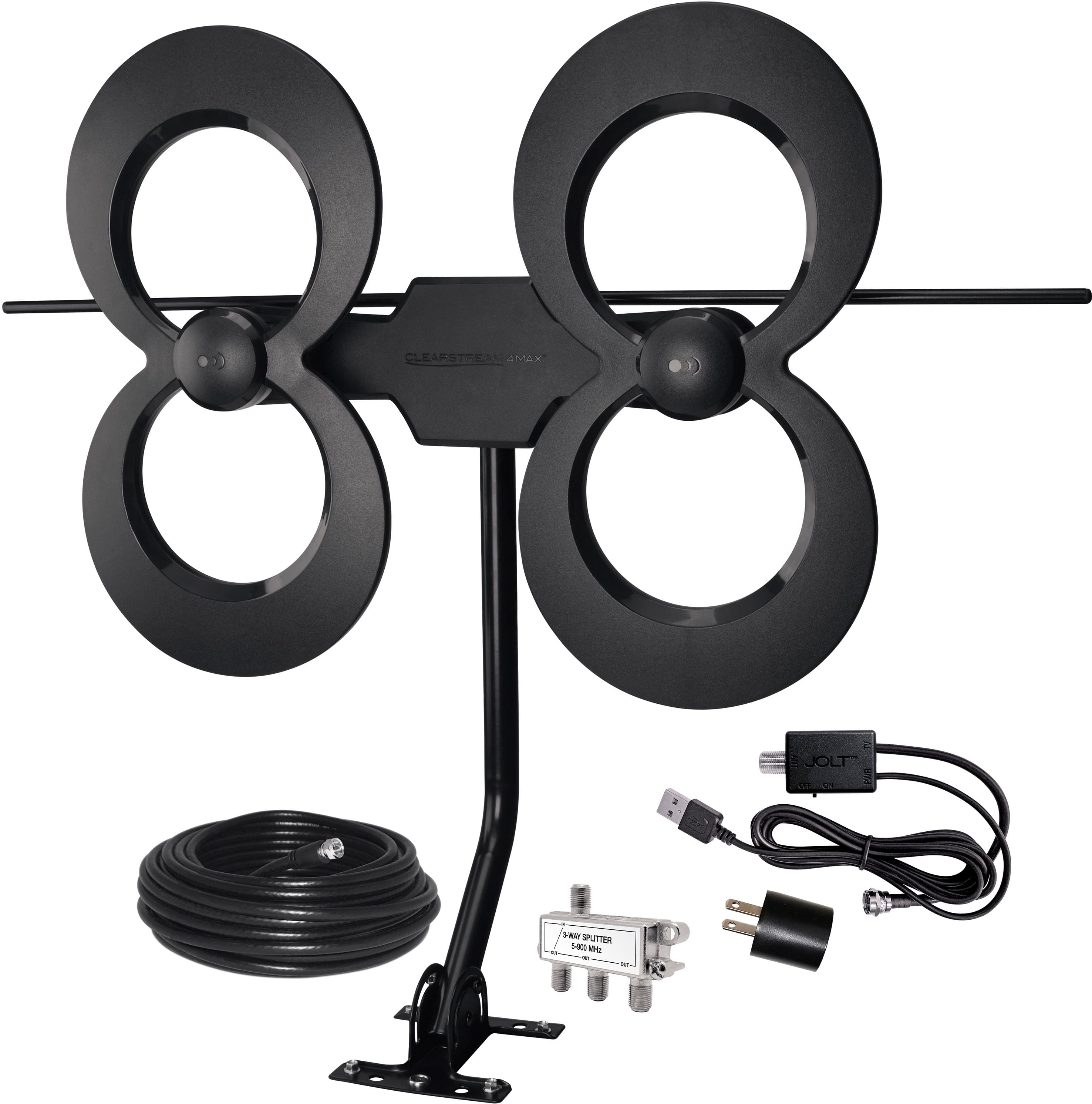 Front. Antennas Direct - ClearStream 4MAX Complete Amplified Indoor/Outdoor HDTV Antenna with Mast, Coaxial Cable, Amplifier, and 3-Way Splitter - Black.