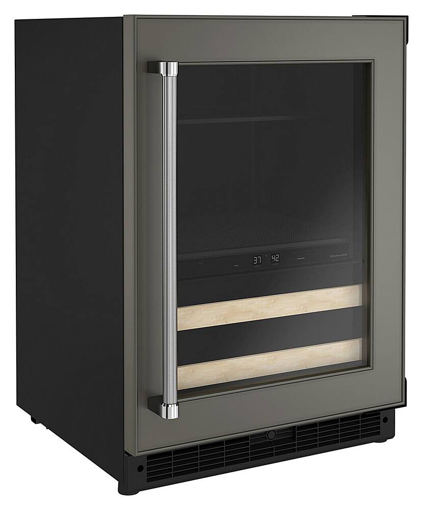 Angle. KitchenAid - 14-Bottle Dual Zone Beverage Cooler with Wood-Front Racks - Custom Panel Ready.