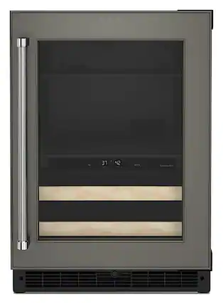 Front. KitchenAid - 14-Bottle Dual Zone Beverage Cooler with Wood-Front Racks - Custom Panel Ready.