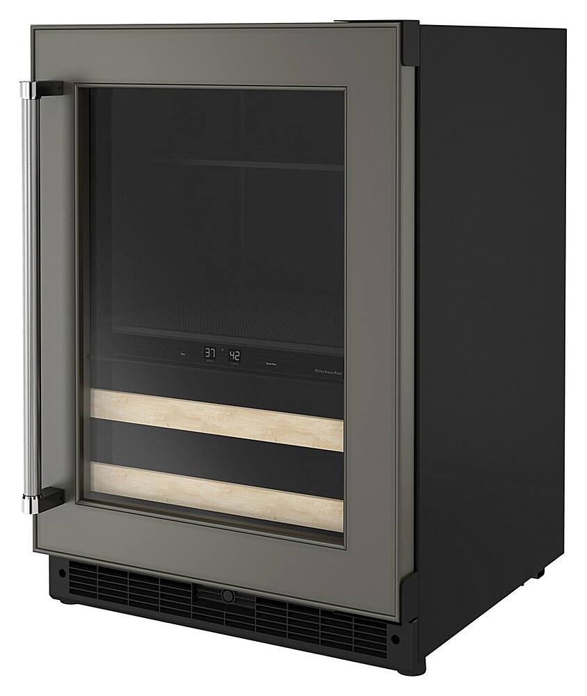 Left. KitchenAid - 14-Bottle Dual Zone Beverage Cooler with Wood-Front Racks - Custom Panel Ready.